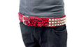 red leopard print belt worn by model on white background