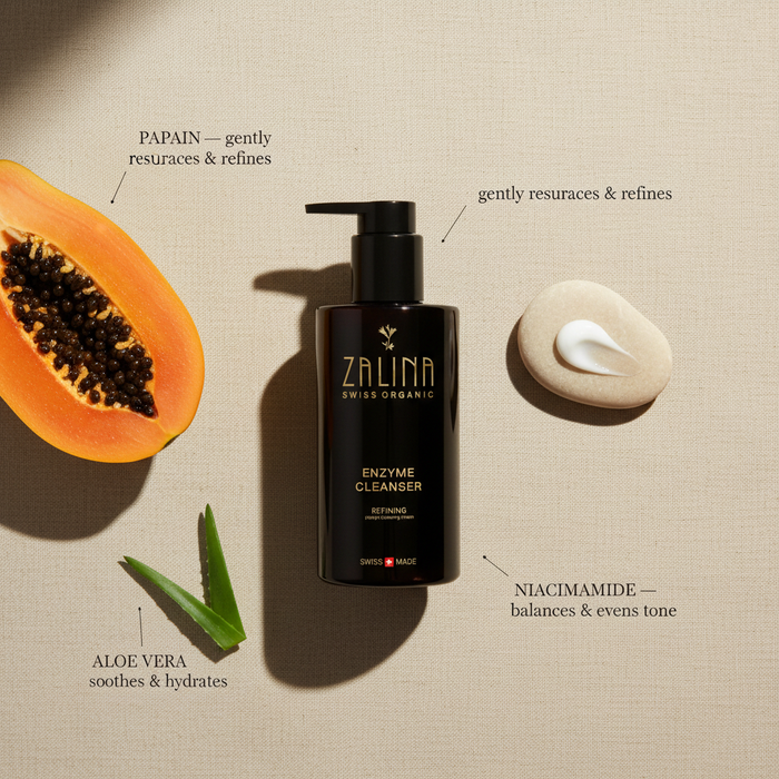 Enzyme Cleanser ingredient flatlay with papaya and aloe vera on beige