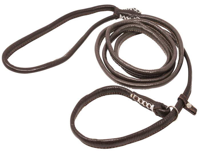 Genuine Rolled Leather Slip Dog Leash and Adjustable Choke Collar British Style Lead 6ft Long Brown