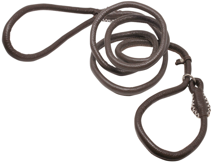 Genuine Rolled Leather Slip Dog Leash and Adjustable Choke Collar British Style Lead 6ft Long Brown