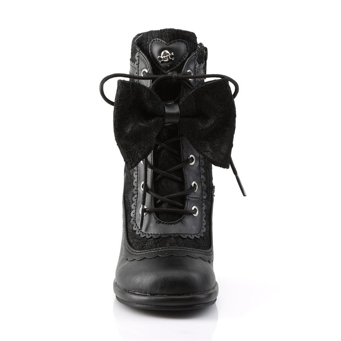 front view of Black vegan leather 3 3/4" Heel 1/2" Platform Lace-up front Ankle boot with lace overlay on vamp Featuring puffy heart & lace bow detail with inner side zipper