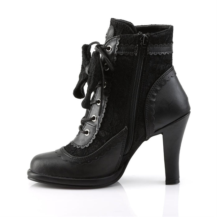 inner side view of Black vegan leather 3 3/4" Heel 1/2" Platform Lace-up front Ankle boot with lace overlay on vamp Featuring puffy heart & lace bow detail with inner side zipper