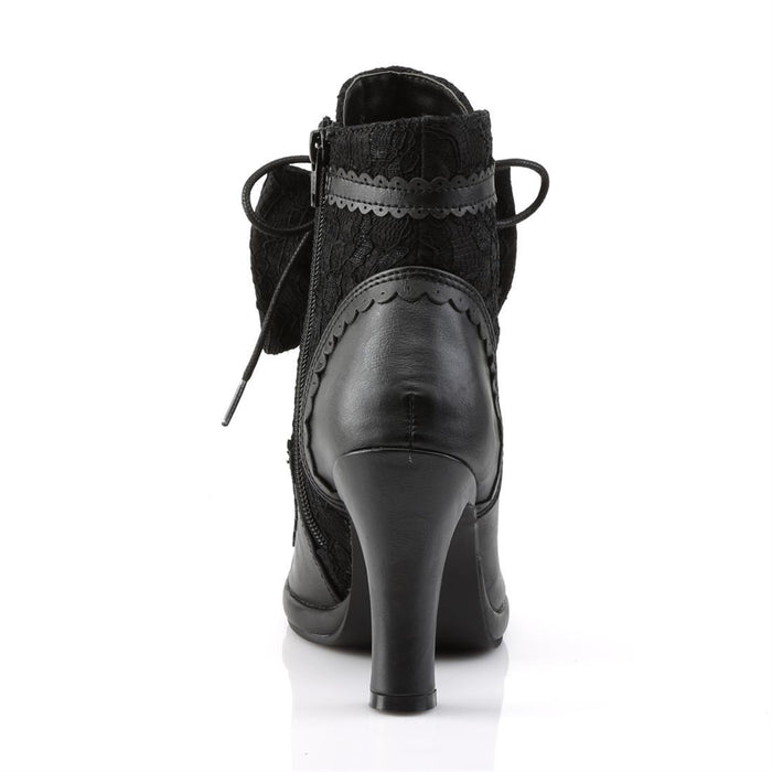 back side view of Black vegan leather 3 3/4" Heel 1/2" Platform Lace-up front Ankle boot with lace overlay on vamp Featuring puffy heart & lace bow detail with inner side zipper