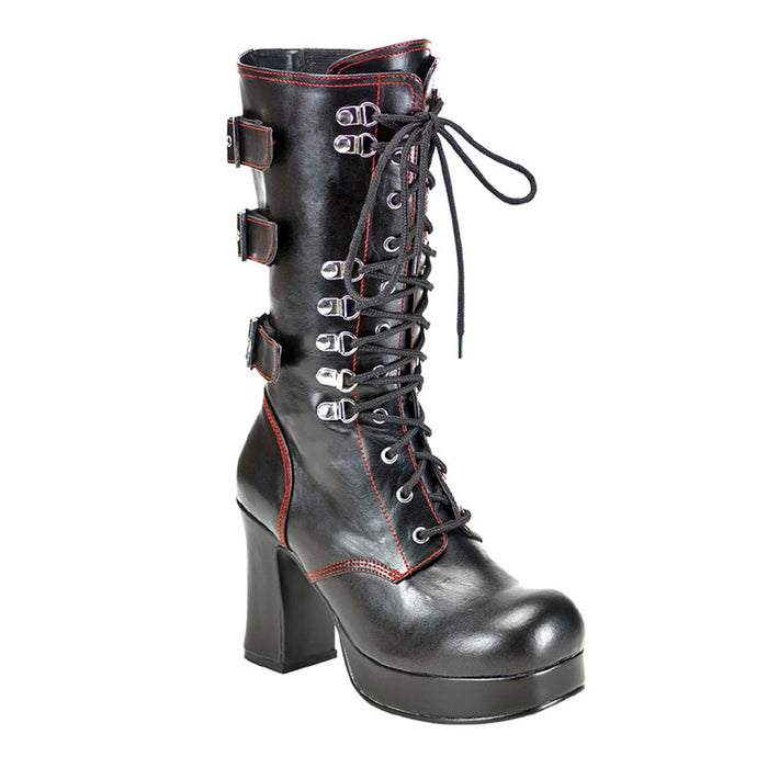Outer side view of Black vegan leather with red stitching, 3 3/4" Heel 1" Platform Lace up front platform mid-calf boot with straps and full inner side zipper