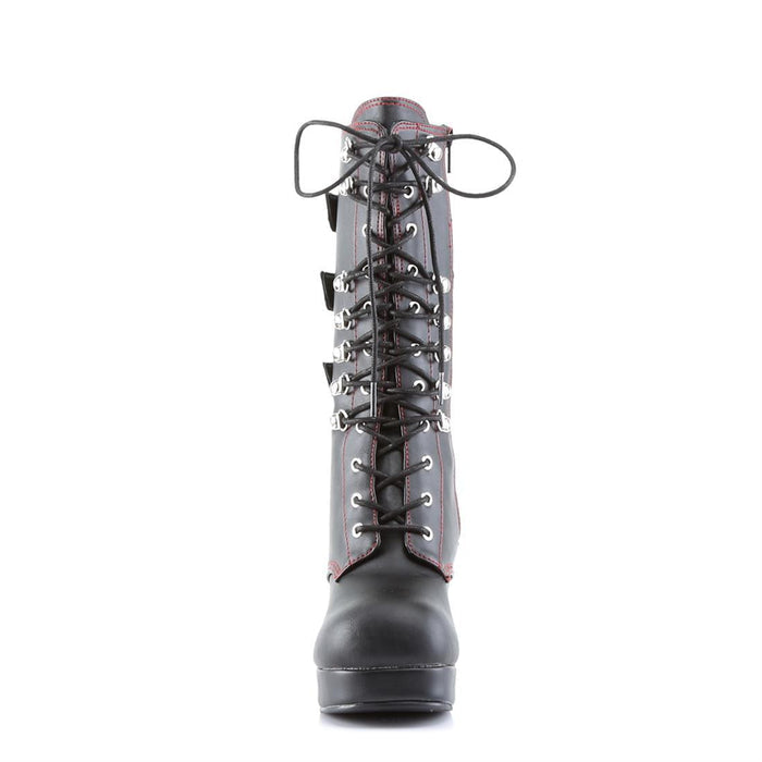 front side view of Black vegan leather with red stitching, 3 3/4" Heel 1" Platform Lace up front platform mid-calf boot with straps and full inner side zipper
