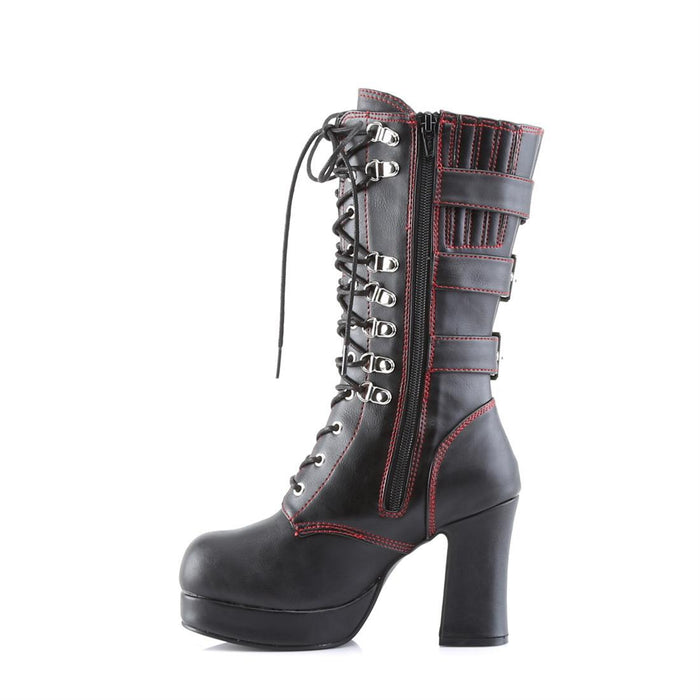 inner side view of Black vegan leather with red stitching, 3 3/4" Heel 1" Platform Lace up front platform mid-calf boot with straps and full inner side zipper