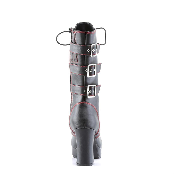 back side view of Black vegan leather with red stitching, 3 3/4" Heel 1" Platform Lace up front platform mid-calf boot with straps and full inner side zipper