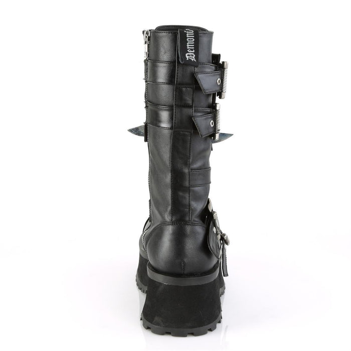 back side view of black vegan leather 3/4" platform Silver chrome plated metal toe cap Lace-up mid-calf boot Features buckle straps & cuff Features large silver chrome plate with large and small claw spikes and inside metal zip closure