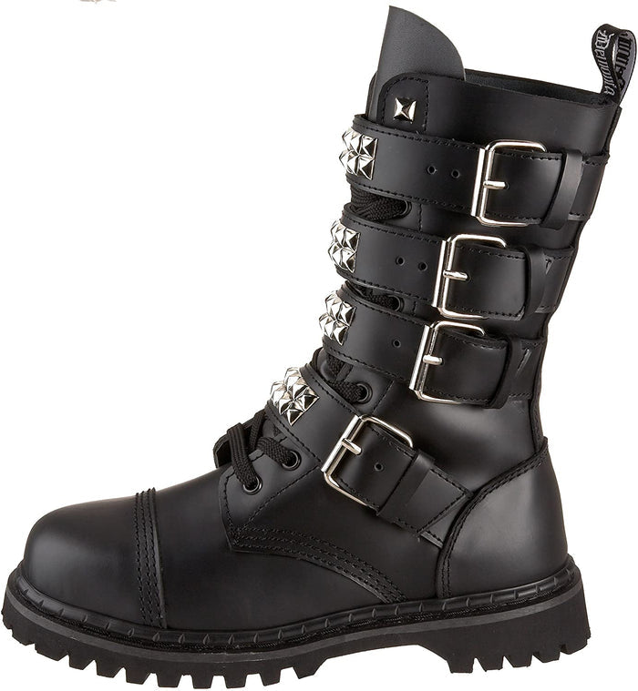 outer side view of real black leather mid-calf boot, full front lace-up, no zipper, features 4 silver pyramid studded adjustable straps that cover laces