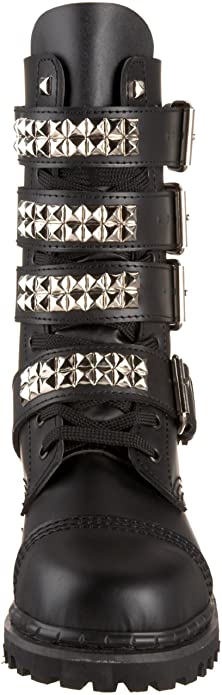 front side view of real black leather mid-calf boot, full front lace-up, no zipper, features 4 silver pyramid studded adjustable straps that cover laces