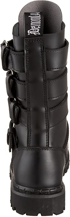 back side view of real black leather mid-calf boot, full front lace-up, no zipper, features 4 silver pyramid studded adjustable straps that cover laces
