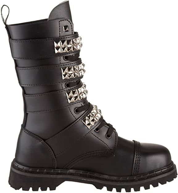 inner side view of real black leather mid-calf boot, full front lace-up, no zipper, features 4 silver pyramid studded adjustable straps that cover laces