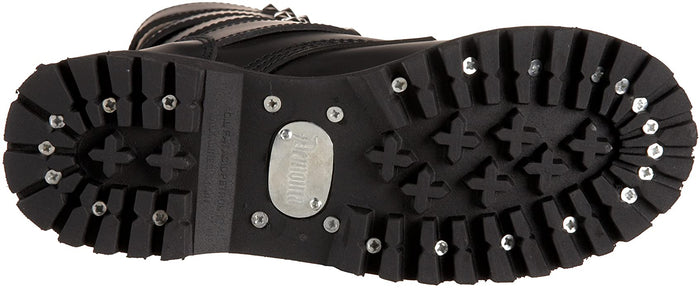 underneath bottom of shoe view of real black leather mid-calf boot, full front lace-up, no zipper, features 4 silver pyramid studded adjustable straps that cover laces
