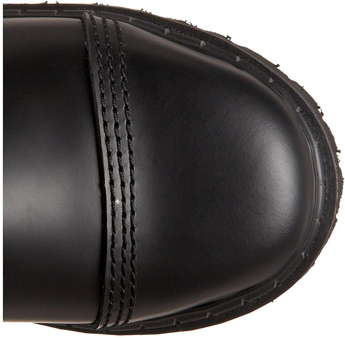 top view of real black leather mid-calf boot, full front lace-up, no zipper, features 4 silver pyramid studded adjustable straps that cover laces
