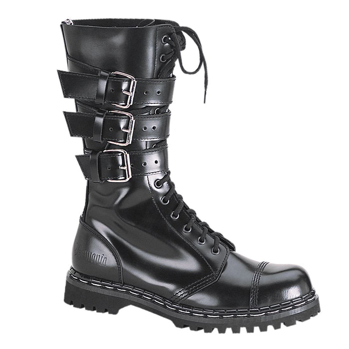 outer side view of Real black leather full front lace-up, no zipper mid-calf boot features 3 adjustable straps over top of laces