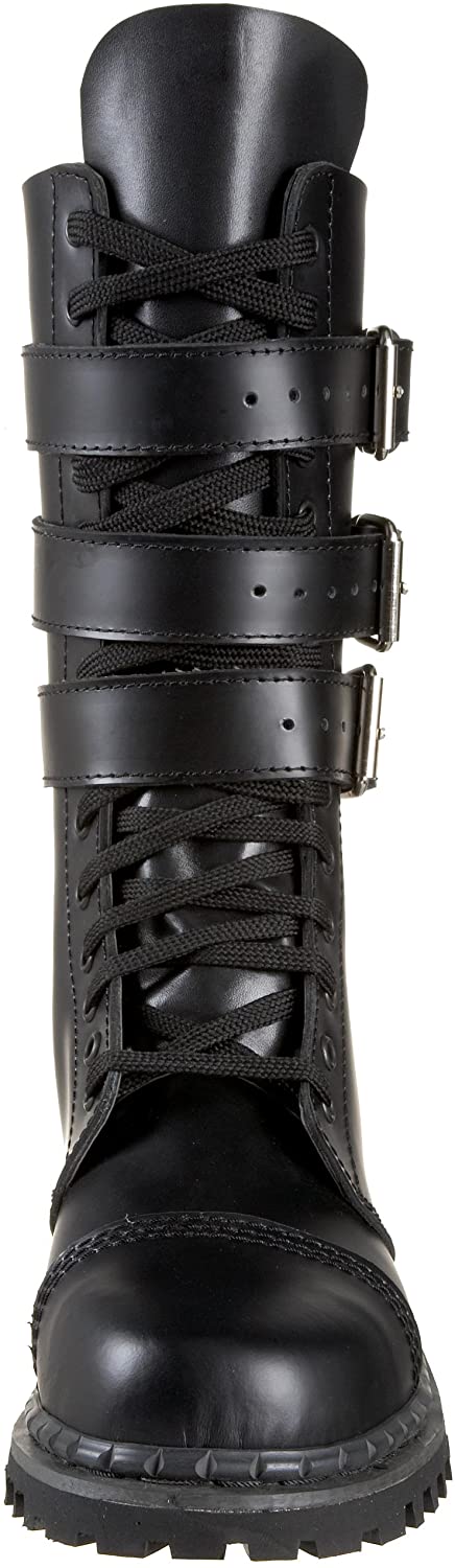 front side view of Real black leather full front lace-up, no zipper mid-calf boot features 3 adjustable straps over top of laces