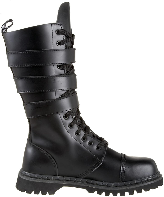 inner side view of Real black leather full front lace-up, no zipper mid-calf boot features 3 adjustable straps over top of laces