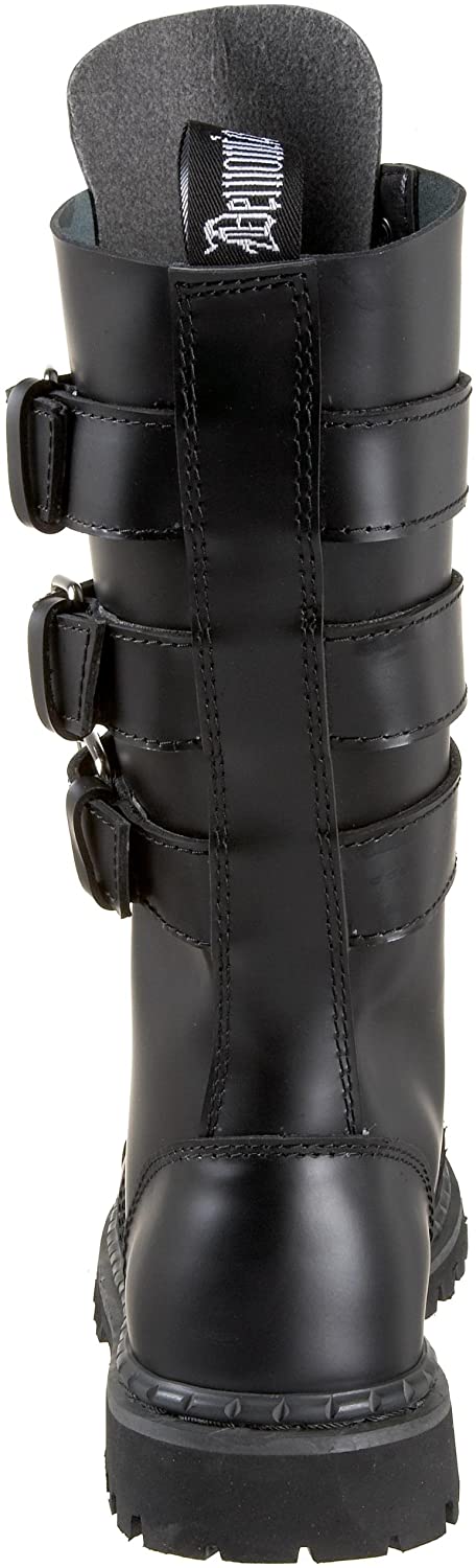 back side view of Real black leather full front lace-up, no zipper mid-calf boot features 3 adjustable straps over top of laces