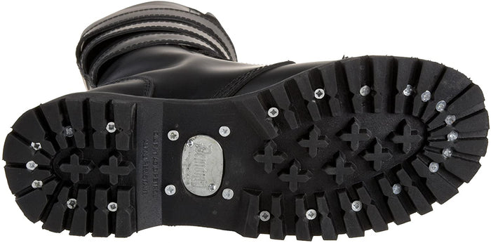 bottom view of shoe Real black leather full front lace-up, no zipper mid-calf boot features 3 adjustable straps over top of laces