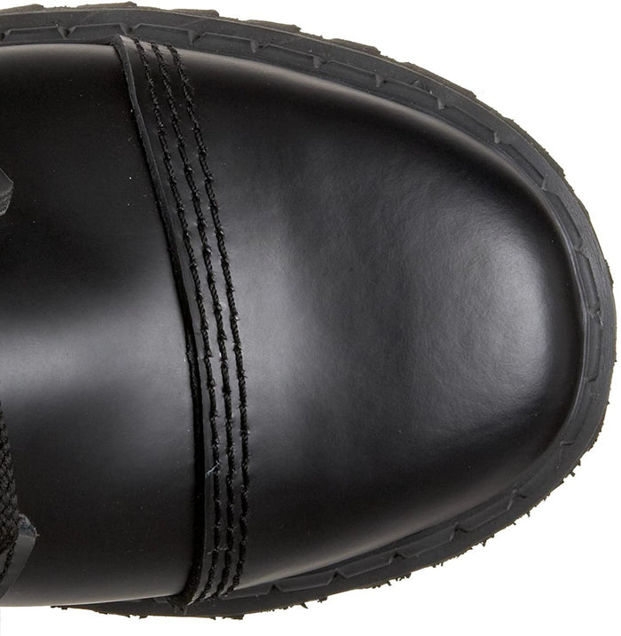 top view of Real black leather full front lace-up, no zipper mid-calf boot features 3 adjustable straps over top of laces