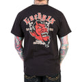 back of Black Lucky 13 t-shirt with a full back print of the "Grease, Gas & Glory" Devil Head design, and a front left chest print.