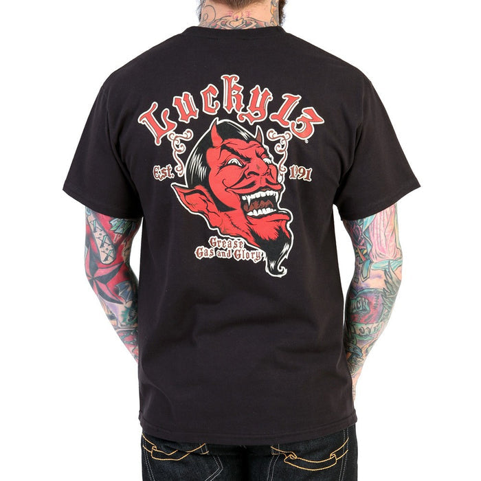 back of Black Lucky 13 t-shirt with a full back print of the "Grease, Gas & Glory" Devil Head design, and a front left chest print.