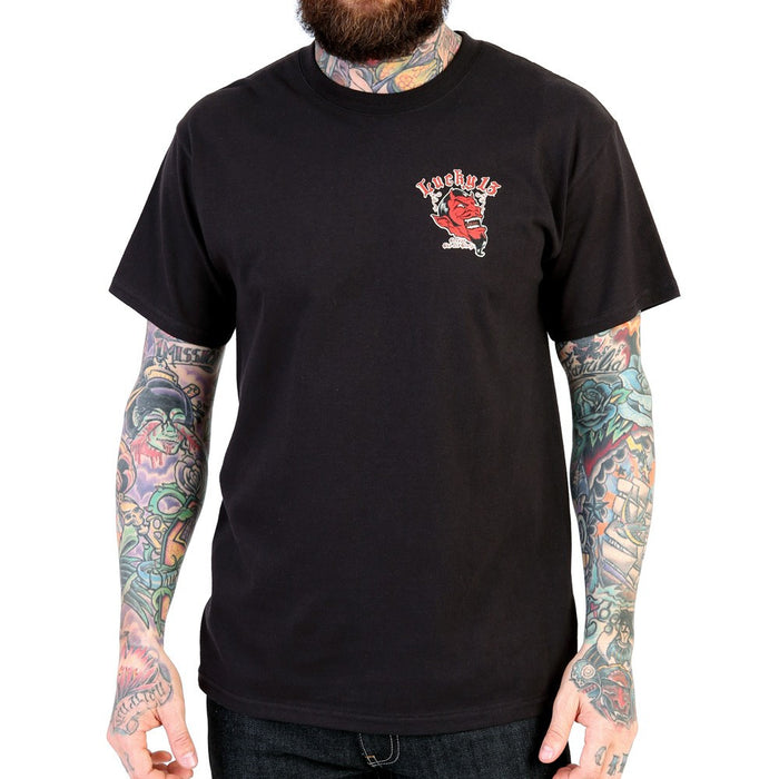 front of Black Lucky 13 t-shirt with a full back print of the "Grease, Gas & Glory" Devil Head design, and a front left chest print.