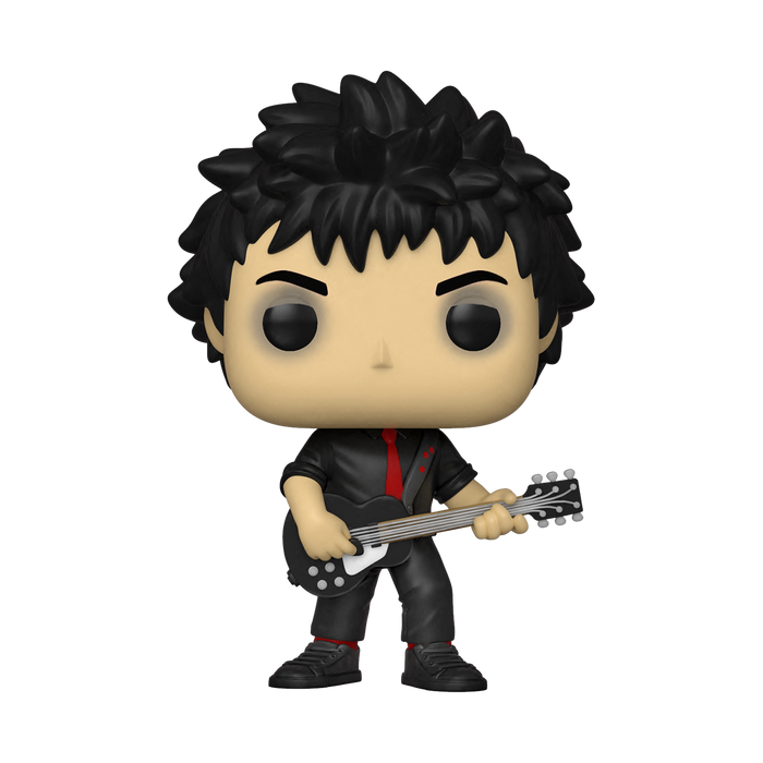 pop doll of billie joe armstrong from green day - wearing all black clothes with a red tie, holding a bass guitar