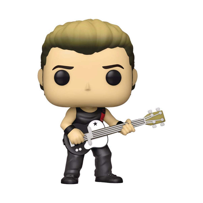 pop figure of mike dirnt from green day doll has all black clothes, red guitar strap and black/white bass guitar