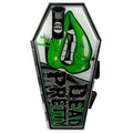 Black and green coffin shaped compact mirror with 2 regular mirrors inside. Design has a picture of a mouth with green lips, vampire teeth and text that reads "DEAD PRETTY."