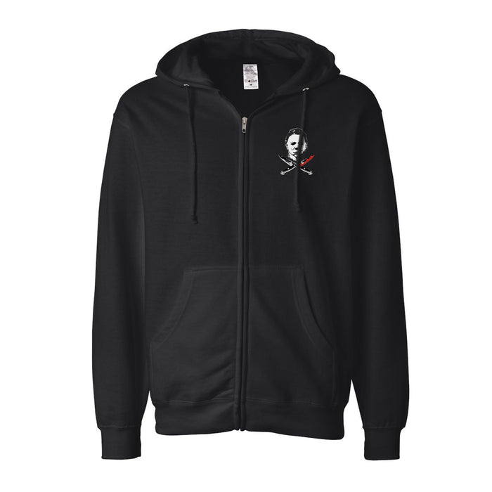 front of Black zip-up hoodie with Michael Myers mask on the back, with two knives crossed underneath. One knife has blood dripping from it. Front left side has a smaller version of the same image. 80% Cotton 20% Polyester.