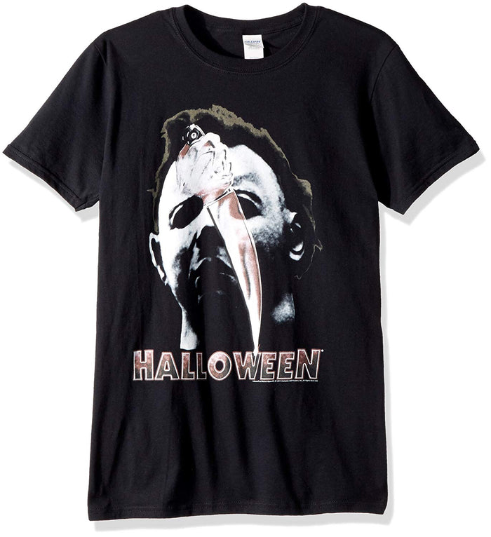 halloween movie shirt with mike myers mask and knife graphic with text that reads "halloween"