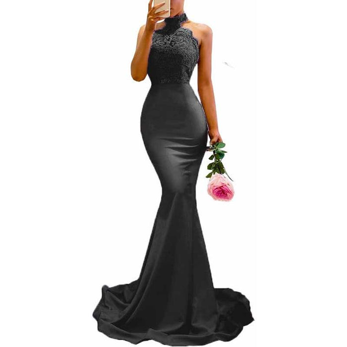 Halter Neck Mermaid Satin Bridesmaid Dress Lace s Long Prom Dress Wedding Ball Gown