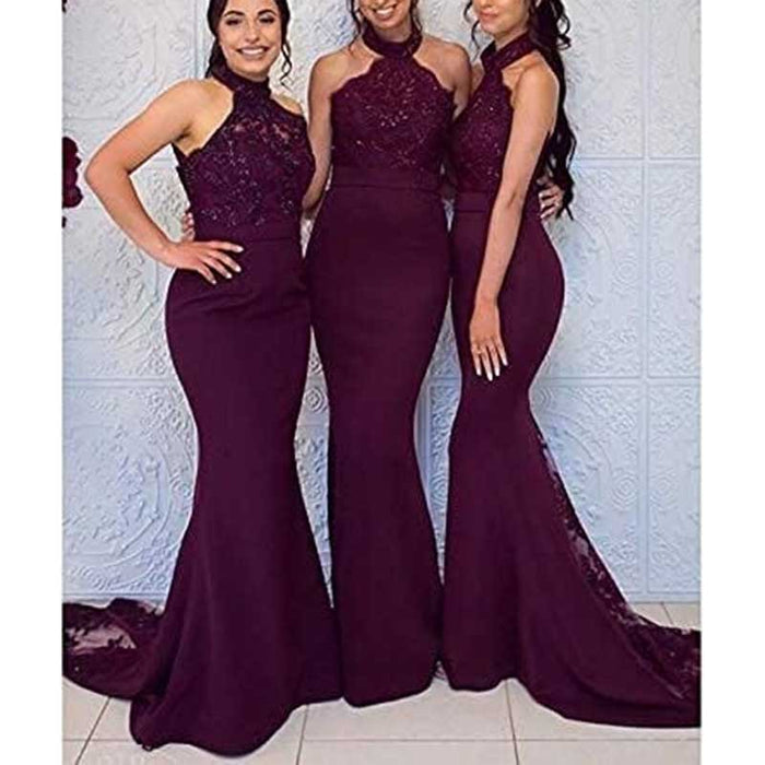 Halter Neck Mermaid Satin Bridesmaid Dress Lace s Long Prom Dress Wedding Ball Gown