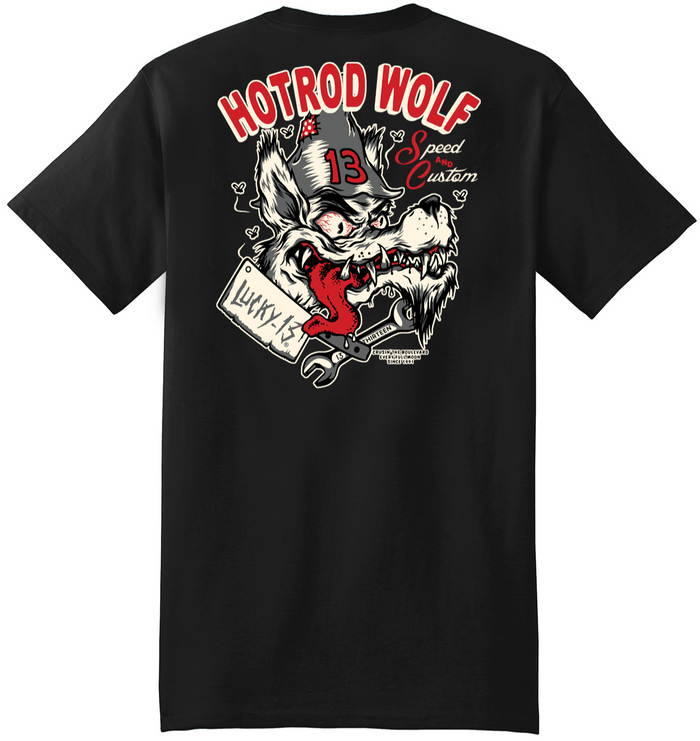 back of Black Lucky 13 amped t-shirt with a full back print of the "Hot Rod" wolf graphic, and a front left chest print.