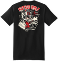 back of Black Lucky 13 amped t-shirt with a full back print of the "Hot Rod" wolf graphic, and a front left chest print.