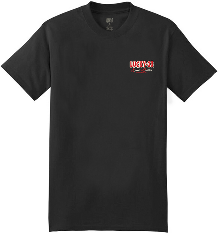 front of Black Lucky 13 amped t-shirt with a full back print of the "Hot Rod" wolf graphic, and a front left chest print.