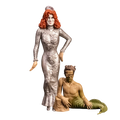 Two figurines, one in a silver dress and the other in a mermaid costume, on a white background
