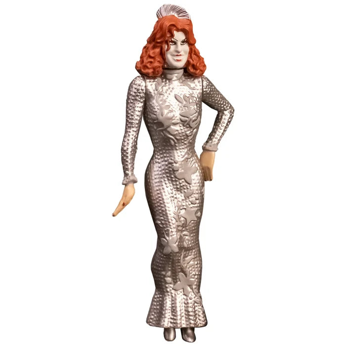 Figure in a silver dress with floral patterns on a white background