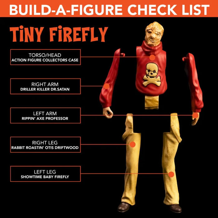 Build-a-figure check list for 'Tiny Firefly' with labeled parts and character names.