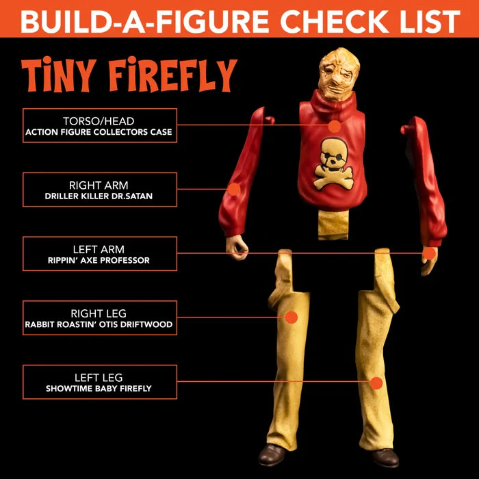 Build-a-figure check list for 'Tiny Firefly' with labeled parts on a black background