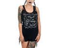 front of women's Black racerback tank top with text design on front middle that reads "I, myself, ...am... Strange & Unusual"
