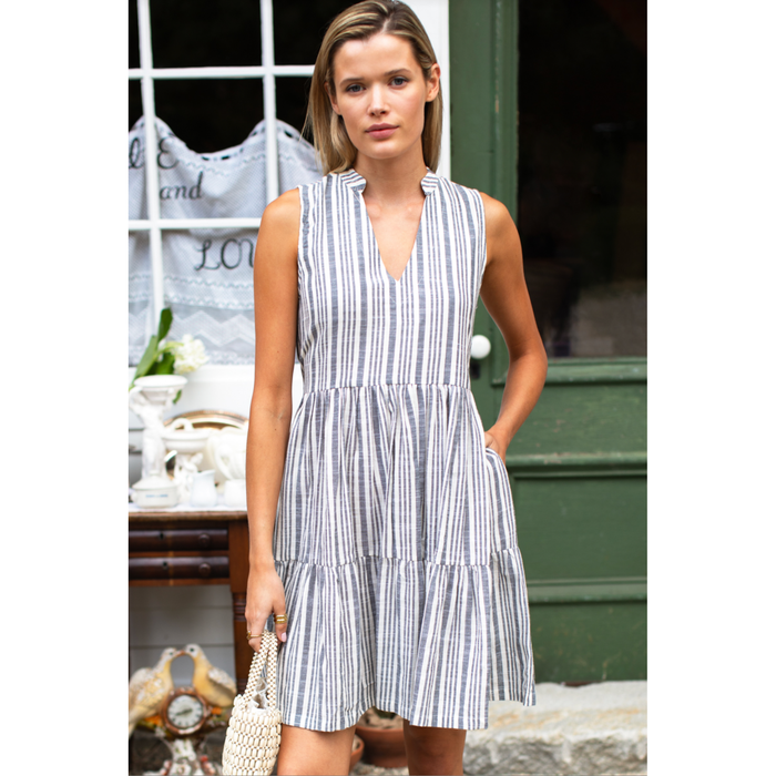 Indi Tier Short Dress in Aradonis Stripe Storm Grey - Romantiques