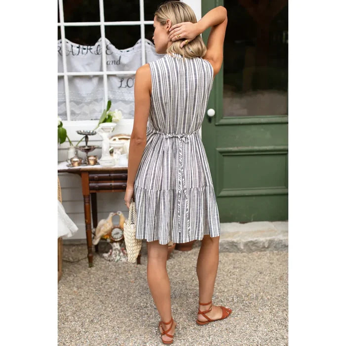 Indi Tier Short Dress in Aradonis Stripe Storm Grey - Romantiques