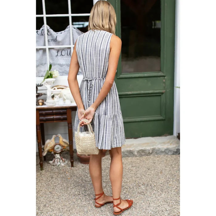 Indi Tier Short Dress in Aradonis Stripe Storm Grey - Romantiques