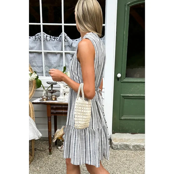 Indi Tier Short Dress in Aradonis Stripe Storm Grey - Romantiques