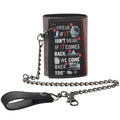 front of IT pennywise wallet with chain and text that says "swear if it isn't dead, if it comes back, we come back too"