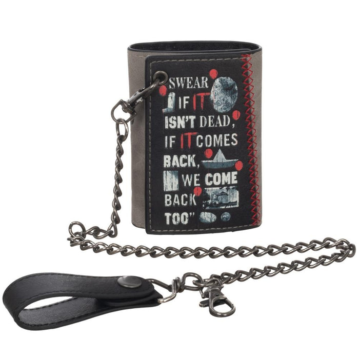 front of IT pennywise wallet with chain and text that says "swear if it isn't dead, if it comes back, we come back too"