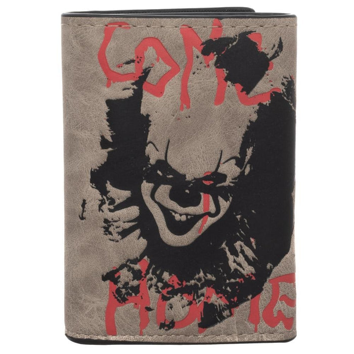 back of IT Pennywise wallet with pennywise the clown picture and text that reads "come home"