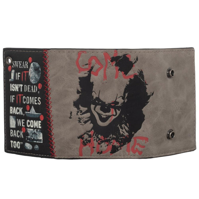 back of IT Pennywise wallet with pennywise the clown picture and text that reads "come home"